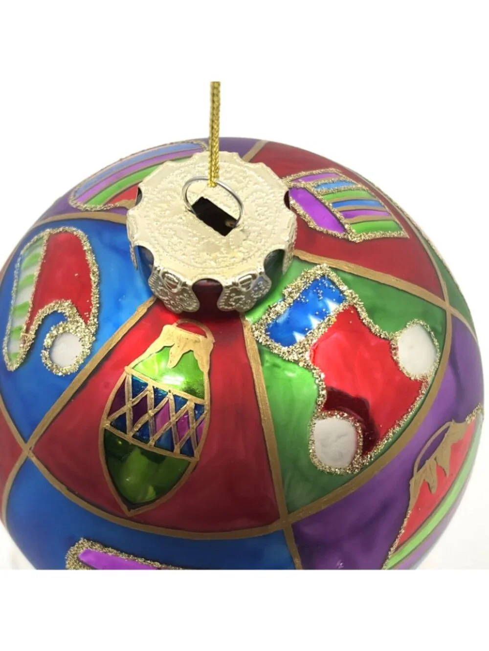 Vtg Komozja Joy to the World Glitterazzi Hand Painted Polish Glass Ball Ornament